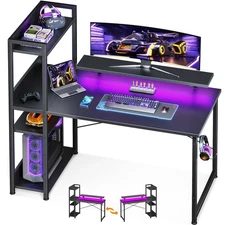 Reversible Gaming Desk LED Lights, 40 Inch Computer Desk with Storage Shelves...