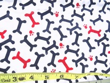 1/2 yd Cotton Fabric White with Black Red Dog Bones Red Paw Prints