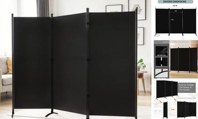 Room Divider Privacy Screen, Portable Screen Steel Frame with 3-Panel Black