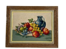 Vintage Needlepoint Canvas Fruit Kitchen Framed 20.5  X 16.5  