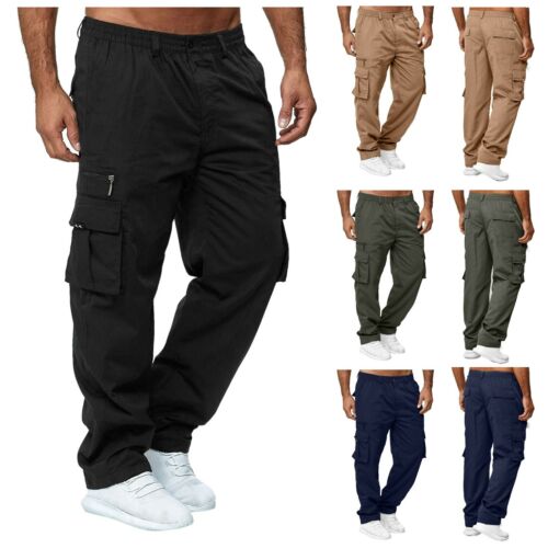 Mens Cargo Trousers Straight Combat Chinos Loose Cotton Stretch Work Pants