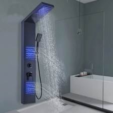 LED Stainless Steel Shower Panel Tower System Black Rainfall Shower Head Massage