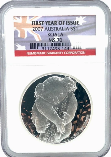 2007 Australia Silver 1 Oz Koala $1 Dollar Coin NGC MS-70 First Year Issue.