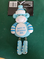 2023 Baby's 1st Christmas Hanging Ornament Monkey Blue  white Sweater Hat