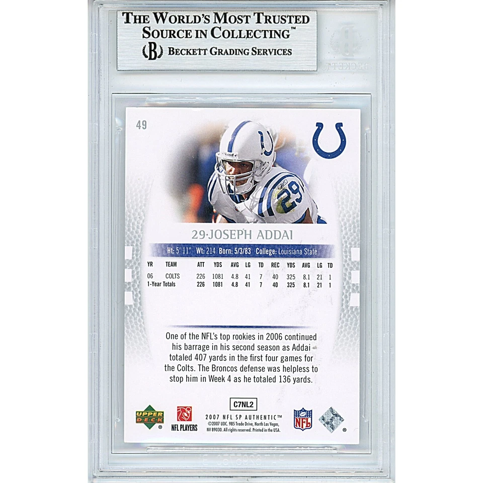 Joseph Addai Signed 2007 SP Authentic #49 Beckett BAS Slabbed Colts NFL Auto - Image 2 of 4