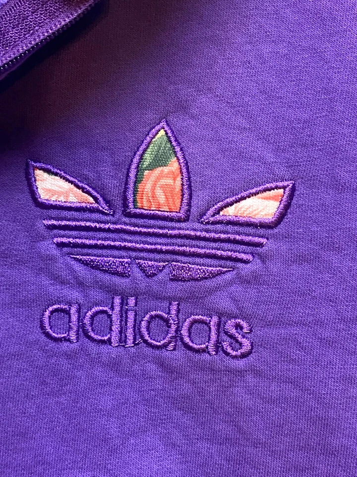 Adidas Chaqueta Mujer Grande Púrpura Trifolio Tres Rayas Flor Sudadera con Capucha Cremallera Completa Foto 2 de 4