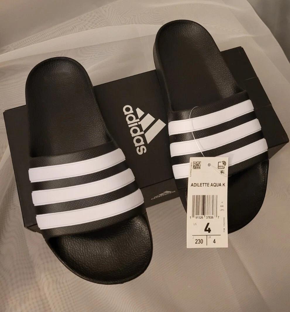 Children s New Adidas Adilette Aqua K F35556 Black White Size 4