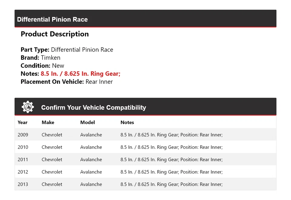 Para Chevrolet Avalanche 2009-2013 Diferencial Piñón Carrera Interior Trasero Timken Foto 2 de 4
