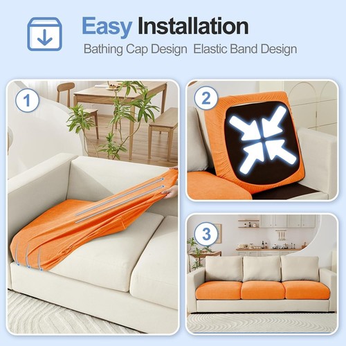 Large Chenille Sofa Cushion Covers - Stretch Fit - Furniture Protector - Orange - Picture 7 of 8