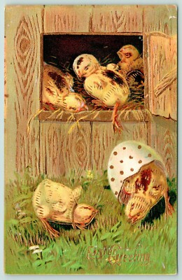Easter Chicks Drop Out of Chicken Coop Door~Egg Shell on Bottom~Gold Leaf Emboss