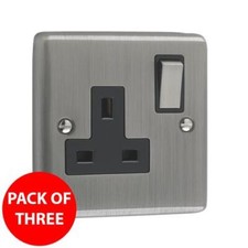 Produktbild - Litecraft 3er-Pack gebürstetes Chrom 13A 1G Ein/Aus geschaltete UK-Steckdosen