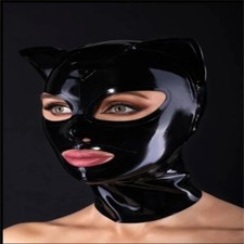 Latex Hood Cat Ear Rubber Mask Black with Back Zip Hallowen Cosplay Costume