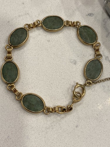 Vintage 12k Gold Filled Jade Cabochon Green Stone Link Bracelet w/ Safety Chain - Picture 11 of 12