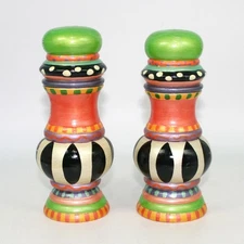 Mackenzie Childs Style Hand Painted 7.25 in Wooden Salt and Pepper Shakers Set