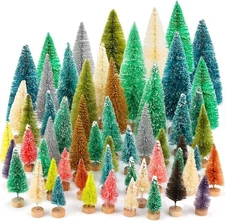 50 Pcs Mini Bottle Brush Christmas Trees Mixed Colors Wooden Base Village Decor