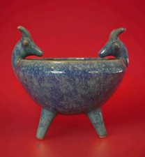 Antique Persian Blue Glazed Pottery Chocolate Bar Footed Rams Heads 6"Dx6"T 