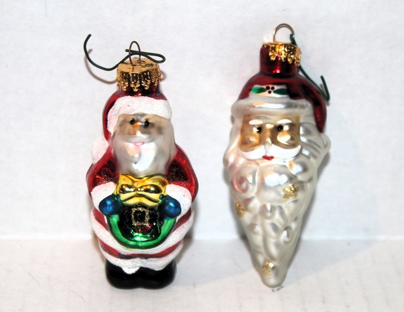 BLOWN GLASS Christmas 3" ORNAMENTS Set of 2 SANTA CLAUS whole & face