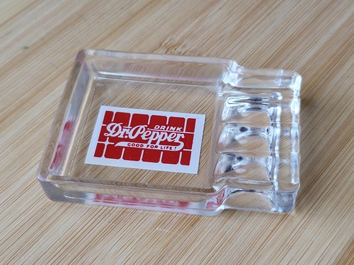 Vintage 1930s Drink Dr. Pepper Good For Life Advertising Ashtray, Art Deco Glass