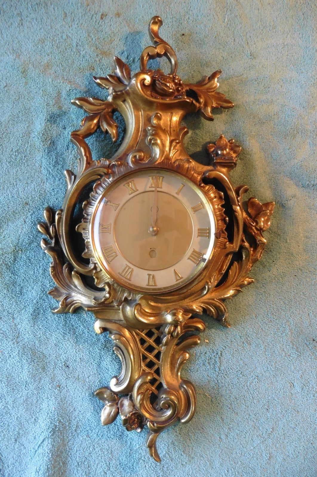 Vintage Ornate French Louis Rococo Style Gilt Brass Wall Mounted Cartel Clock