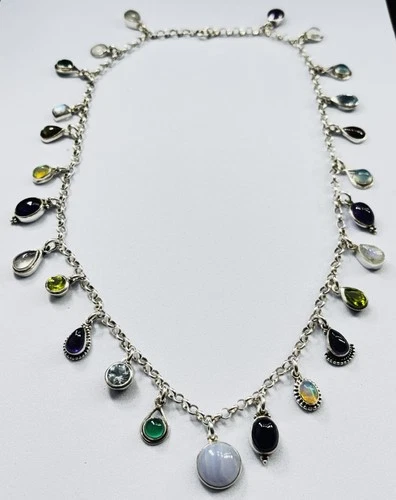 Unusual silver necklace with multicoloured gemstones-37.55 grams