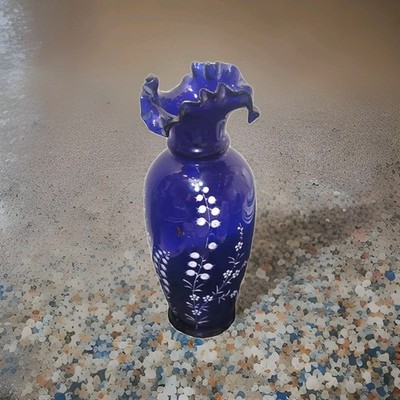 Vintage Tschechische Kobaltblau Glas Handbemalt Blumenvase mit gerafftem Rand 8''
