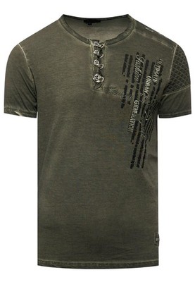 Rusty Neal Herren T-Shirt Oil-Washed mit Knopfleiste Khaki R-6784