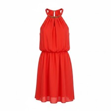 Bisou Bisou Sleeveless Chiffon Dress Women Sz 6 Orange Gold-Jeweled Neckline NWT