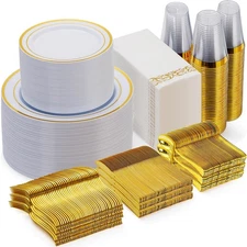 700 Piece Gold Dinnerware Set for 100 Guests, Disposable for Party, Include: ...