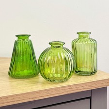 Green Glass Bud Vase Set of 3 Small Wedding Table Decor Vintage Home Accessories