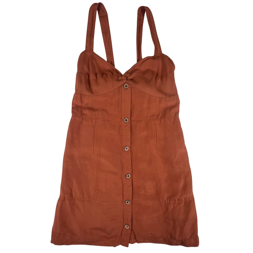 Anthropologie Maeve Twist Front Linen Mini Dress L | Terracotta Button Sundress - Image 3 of 4