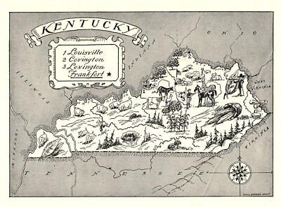 1950s Vintage Kentucky State Map Animated Kentucky Picture Map
