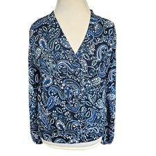 Ann Taylor Factory M Blue Paisley Blouse Faux Wrap Vneck Longsleeve Gauze NWT