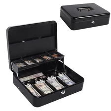 Cash Box with Key Lock Safe Metal Money Box w/Money Tray for Security Lock Box