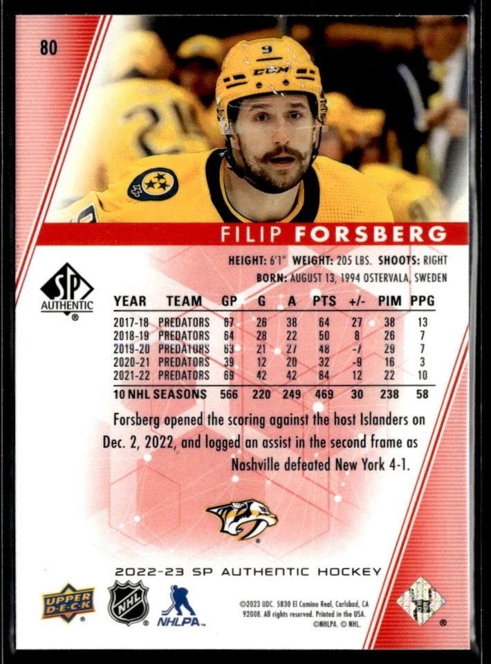 2022-23 SP Authentic Limited Red Filip Forsberg #80 - Image 2 of 2