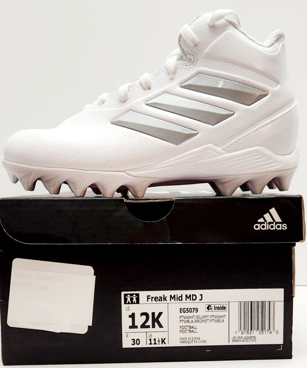 adidas Freak Mid MD J Football Cleats, New+ Box White/Silver adidas Freak Mid MD J Football Cleats, New+ Box White/Silver