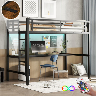 Metal Twin XL Size Loft Bed with Power Outlet & LED Lighted,Space-Saving,Black