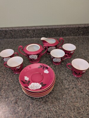 Vintage Noritake Pink Red Tea Set White Rose Flowers Gold Trim Discontinued 