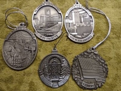 4 Woodmen of The World Pewter Christmas Ornaments plus 1 other one, Lot of 5  