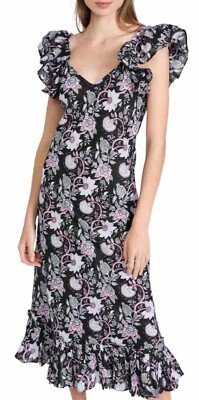 NWT Mille Klara Cotton Ruffle Midi Sundress Tropical Night Black Purple Blue XS