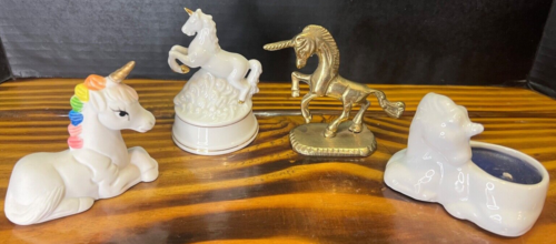 Lot of 4 Vintage Unicorn Figurines - Candle Holder, Music Box, Brass, Ceramic - Picture 1 of 10