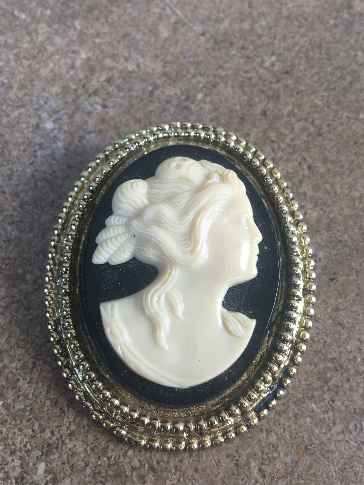 Vintage Victorian Oval Black Metal Gold Frame Woman's Face Cameo