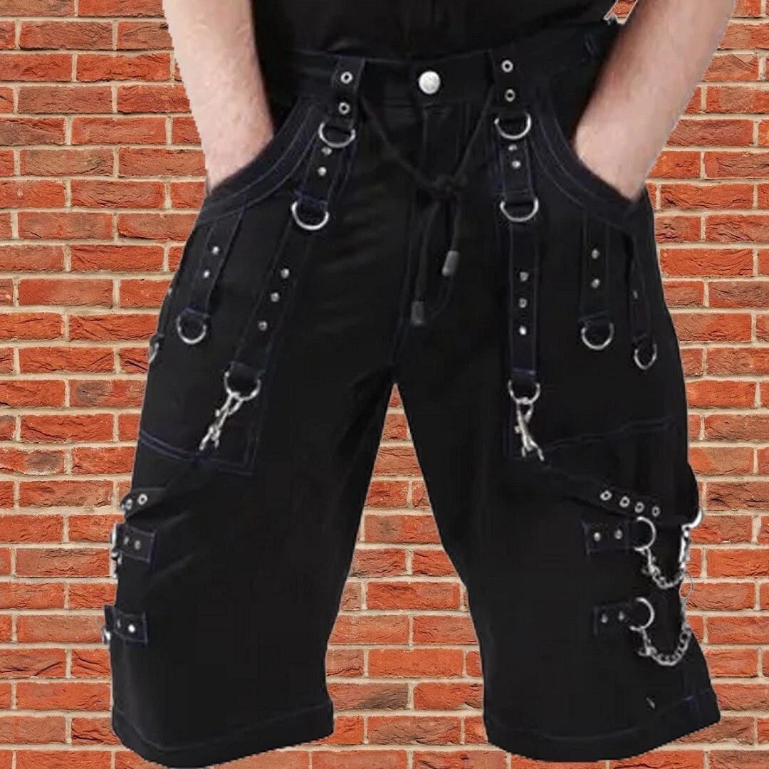 Men Handmade Gothic Bondage Trouser Blue Thread Cyber Punk Shorts/Trip Shorts