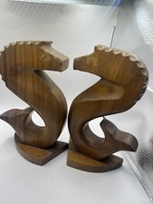 Vintage Kiln Dried Monkey wood Seahorse Bookends Carved Made In The Phillipines