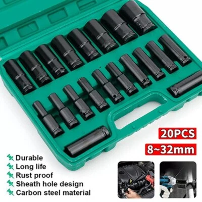 20PCS Deep Impact Socket Set 6 Point Metric 8 - 32mm 1/2 Inch Drive Heavy Duty
