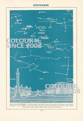 THE STARS IN NOVEMBER MAP  LIME STREET LIVERPOOL c 1950 ILLUSTRATION PRINT