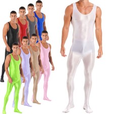 Men Shiny Glossy Sleeveless Full Body Suit Tank Top Legging One-piece Jumpsuit
