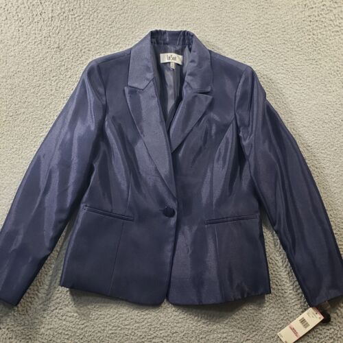 Le Suit Blazer Pants Set Women's 10 Blue One Button Jacket Professional Stretch - Picture 2 of 20