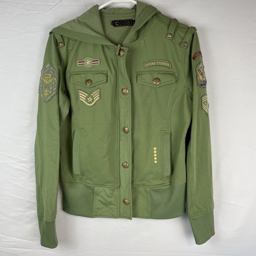 Coogi Jacket Girls Size Extra Large Green Army Theme Patches Bedazzled Stretch - Picture 2 of 12