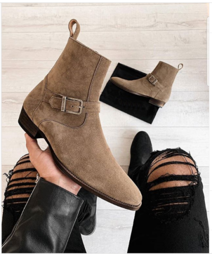Men Beige Suede Jodhpur Ankle Boots for Men with Buckled closure, Men Ankle  Boot