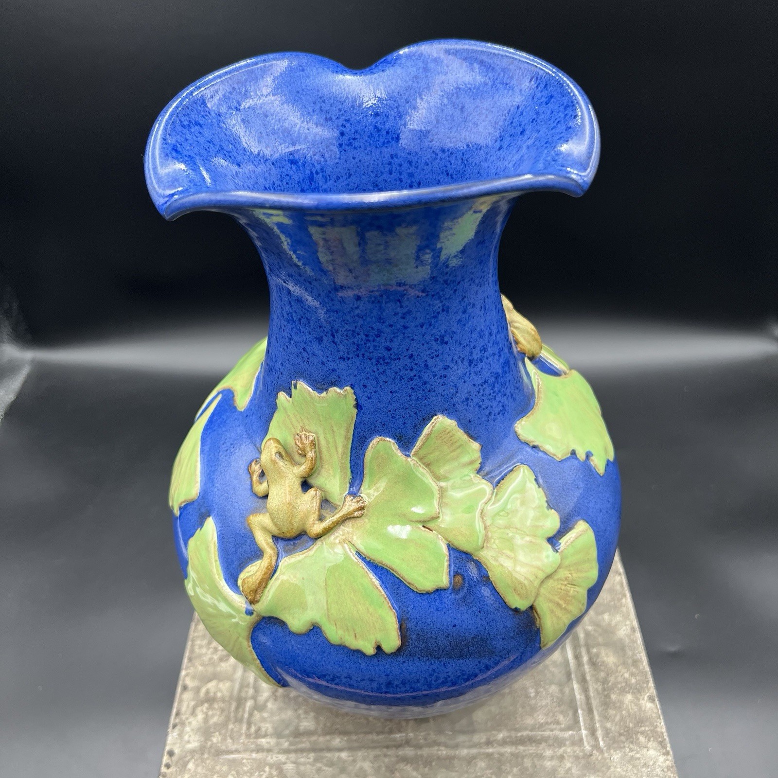 Alexis Moyer Studio Pottery Frog Large Vase Signed Blue Ginkgo Ceramic ...